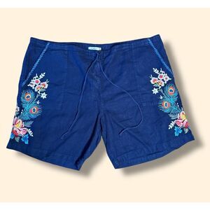 LINEN Johnny Was JW Los Angeles Shorts Embroidered Floral Sz XXL Navy Blue
